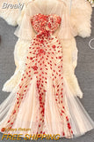 Sequins Glitter Evening Party Dress Women Elegant See Through Mesh Patchwork V-neck Puff Sleeve Embroidery Mermaid