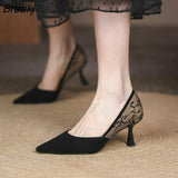Summer Pointed High Heels Women Shoes Sexy Lace Stitching Fashion Pumps French Retro Elegant Ladies Shoes Chaussure