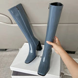 Blue Ladies Boots Winter Knee High Shaft Shoes for Women Square Toe Long Spring Autumn Fashion 2023 Work Trend Gyaru