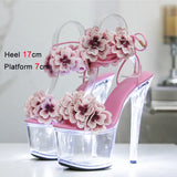 Transparent Platform High Heels Light Up Glowing Luminous Sandals Handmade Flowers Ankle Strap 17CM Summer Shoes For