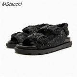 Summer Women Flat Sandals Luxury Black Crystal Buckle Thick Bottom Sandals Concise Designer Plus-size Woman Platform