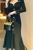 Fashion Black Elegant Dress Office Lady 2023 Autumn Vintage Midi Dress Women Casual Long Sleeve Evening Party Dress