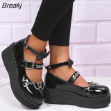 Women Pumps Mary Jane Derby Metal Decoration Platform Flat Heel Female Shoes Ladies Wedge Lolita Gothic Harajuku Punk