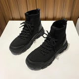 Boots Women Autumn New Knitted Elastic Short Ankle Boots Platform Lace Up Casual Outdoor Sports Short Botines Black