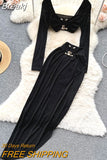 Women Sexy 2 Piece Set Fashion Streetwear Square Collar Long Sleeve Crop Top + Elastic Waist High Slit Long Skirt