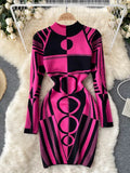 Women Autumn Long Sleeve Sweater Dress 2023 Elegant Ladies Stand Collar Geometric Print Slim Bodycon Mini Party Dress