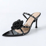 Breakj Women's Three-Dimensional Flower Spots Ankle With Pointed Slender High-Heeled Sandals Black High