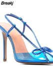 Transparent Shoes 2023 New Summer Women Sandals Crystal Butterfly-Knot Pointed Toe Stiletto Heels Solid Pumps Wedding