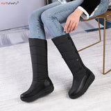 New Forst Winter Snow Boots Women Mid Calf Warm Plush Wedges Shoes Waterproof Down Patchwork PU Buttons Platform