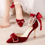 Ankle Strap Pumps Women Luxury Bowknot Red Dance Shoes Woman Sexy Pointed Toe Velvet Stiletto High Heels Sapatos