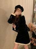 2 Piece Dress Set Woman Vintage Velvet Suit Slim Balck Lace Tops + Elegant Y2k Mini Skirt Casual Design 2023