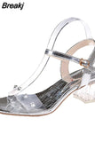 Heeled Sandals 2023 Summer Buckle Strap Female Shoe Black Girls Clear Gladiator New Fashion Block High Rhinestone