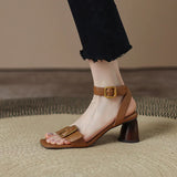 Vintage Real Soft Leather Buckle Open-Toed Sandals Women's Summer New Brown Heeled High-Heeled Mary Jane