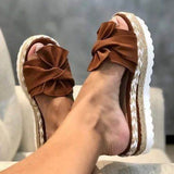 Breakj New Bow One Word Thick Bottom Slope And Hemp Rope Large Size Women Sandals Quality