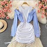 Shoulder Shirt Patchwork Bodycon Mini Dress Women Fashion Streetwear O-neck Long Sleeve Slim Drawstring Ruched Party