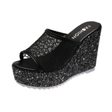 Golden Women Slippers Summer Shoes Platform(4cm) Outside Fitting-room 11cm High Heels Wedges Solid Mesh Female