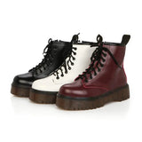 Womens Autumn Winter Ankle Boots Lace Up Flat Heels Fur Cotton Padded Platform Shoes Woman Leather Motorcycle Botas