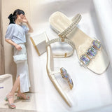Rhinestone Sandals for Women Summer 2024 Square Heels Open Toe Slippers Woman Transparent PVC Jelly Sandal