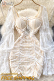 Elegant Women Floral Lace Fairy Dress Sexy Hollow Out Long Flare Sleeve Padded Square Collar Ruched Mini Party Dress