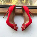 Square Rhinestones Women Red Silk Satin Pointy Toe High Heel Wedding Bridal Shoes Elegant Ladies Stiletto Pumps