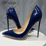 Women Navy Blue Patent Pumps Low Cut Pointy Toe Stilettos Elegant Ladies Formal Slip On High Heels Fashion Dress