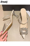 Transparent Sandals 2023 Summer New Baotou Flat Shoes Crystal Low-heeled Women's Shoes Back Strap Sandalias