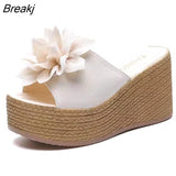 Women's Slippers Women's Fashion 2023 Summer Flowers Wear Thick-soled Slippers One Word Wedge Sandals Wedge Sandals