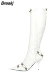Women High Heels Boots Woman Pointed Toe Stilettos Heels Knee High Boots Sexy Ladies Rivet Retro Pumps 2023 New Botas