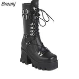 Platform Leather Medium Boots Women's Retro Punk Height Increasing Gothic Punk Knight Boots Ladies Lace Up Booties