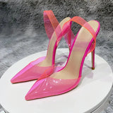 Transparent Fuchsia Pink Women PVC Pointy Toe High Heel Shoes Summer Designer Ladies Slingback Stiletto Pumps
