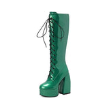 Knee High Boots Women 14.5cm Thick Heels Glossy Patent Leather Punk Lace-up Comfy Zip Platform Shoes Large Size