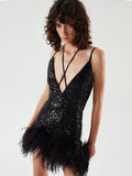 Women's Sexy V-Necked Dress High-End Temperament Cane Stitched Feathered Ass Skirt Dress