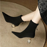 Sock Ankle Boots 2023 Spring Autumn Pointed Toe High Heel Elastic Flock Black Comfortable Booties Lady