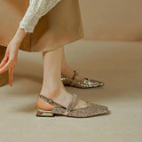 Breakj Diamond Sequin Crystal Shoes Small Square Head Mary Jane Head Sandal Women Simple Thick Heel Empty Single Shoes