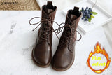Retro Women Boots Flat Heel Winter Warm Casual Short Boots Handmade Lace-Up Ankle Boots Mori Girl Simple Women