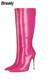 Toe Women's High Boots Sexy Metal Thin Heels Shoes Rose Red Shiny Leather Back Zipper Women's Winter High Boots