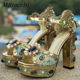 Luxury Brand Women Platform Sandals Crystal Embroidery High Heel Sandalia Feminina Buckle Strap Rhinestone Wedding