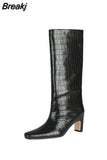 Retro Crocodile Print Woman Boots Square Toe Low Heel Blue Big Size Slip-on Knee-length Boots Autumn Shoes For