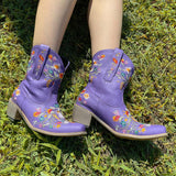 Retro Female Western Boots Wood Sole Spike Heels Pointed Toe Slip-On Floral Flower Ankle Boots Shoes Plus Size