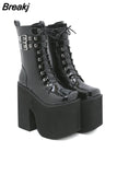 Punk Womens Platform Boots Black Buckle Strap Zipper Creeper Wedges Shoes Mid Calf Military Combat Boots Winter De