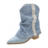 Toe Pleated Cowboy Boots for Women Fashion Tassel Thick High Heels Mid Calf Boots Woman Slip On Blue Denim Botas