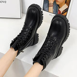 Platform Ankle Boots for Women 2023 Autumn Winter Short Plush Motorcycle Boots Woman Thick Bottom PU Leather Botas