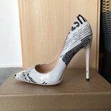 Newspaper Printed Women Patent Pointy Toe High Heel Shoes Fashion Designer Ladies Slip On Stiletto Pumps 8cm 10cm