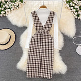 Fashion Women 2 Piece Set Autumn Winter Long Sleeve Pullover Sweater Top + Plaid Tweed Pencil Dress Suits Elegant