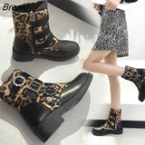 Leopard Woman Plush Boots Fashion Round Retro Ankle Boots 2023 Winter Belt Buckle Short Boots Comfortable Botas De