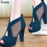 Summer Women High Heel Shoes Mesh Breathable Pomps Zip Pointed Toe Thick Heels Fashion Female Dress Shoes Elegant
