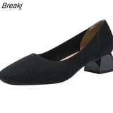 Solid Color Single Shoes Women Low-Heeled Square Toe Shoes Spring Autumn Knitting Shoes Plus Size