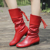 Size 35-43 Women Middle calf Boots Back Lace Up Low Heels Winter Shoes Black Botines White Botas Mujer Female Snow Boot