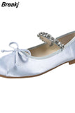 Style Elegant Rhinestone Bow Mary Jean Shoes 2023 Hot Satin Ballerinas Flats Single Shoes Bling Rhinestones Women