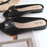 Women Summer Slippers 2023 New Square Buckle Casual Peep Toe Beach Shoes Fashion Flat Chunky Heels Sandalias Zapatillas